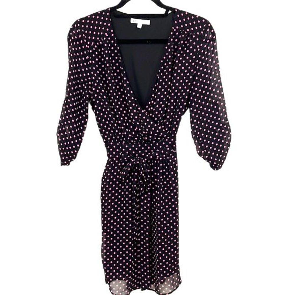 DR2 Wrap Polka Dot Sheer Lined Dress Black Pink Size Small - Picture 2 of 9